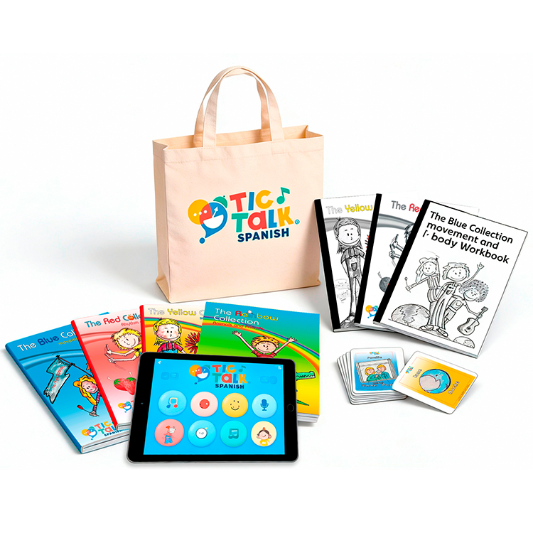 TicTalk Spanish take-home materials including music collection workbooks, flashcards, and a digital learning app.