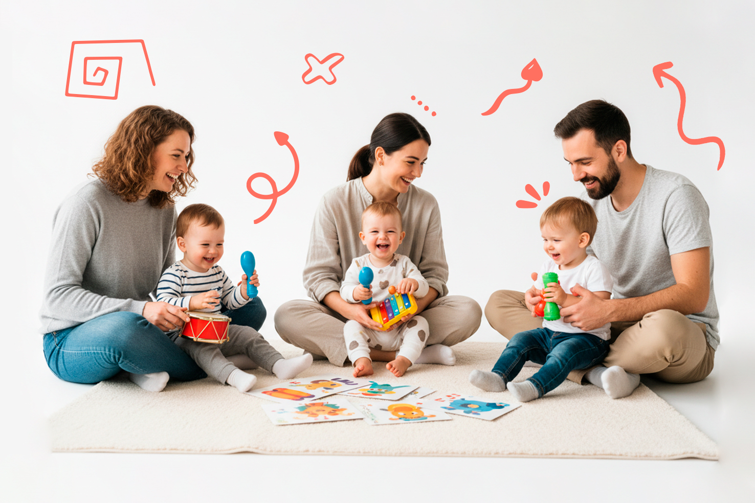Parents and babies playing musical instruments in a TicTalk Spanish family-based language class.