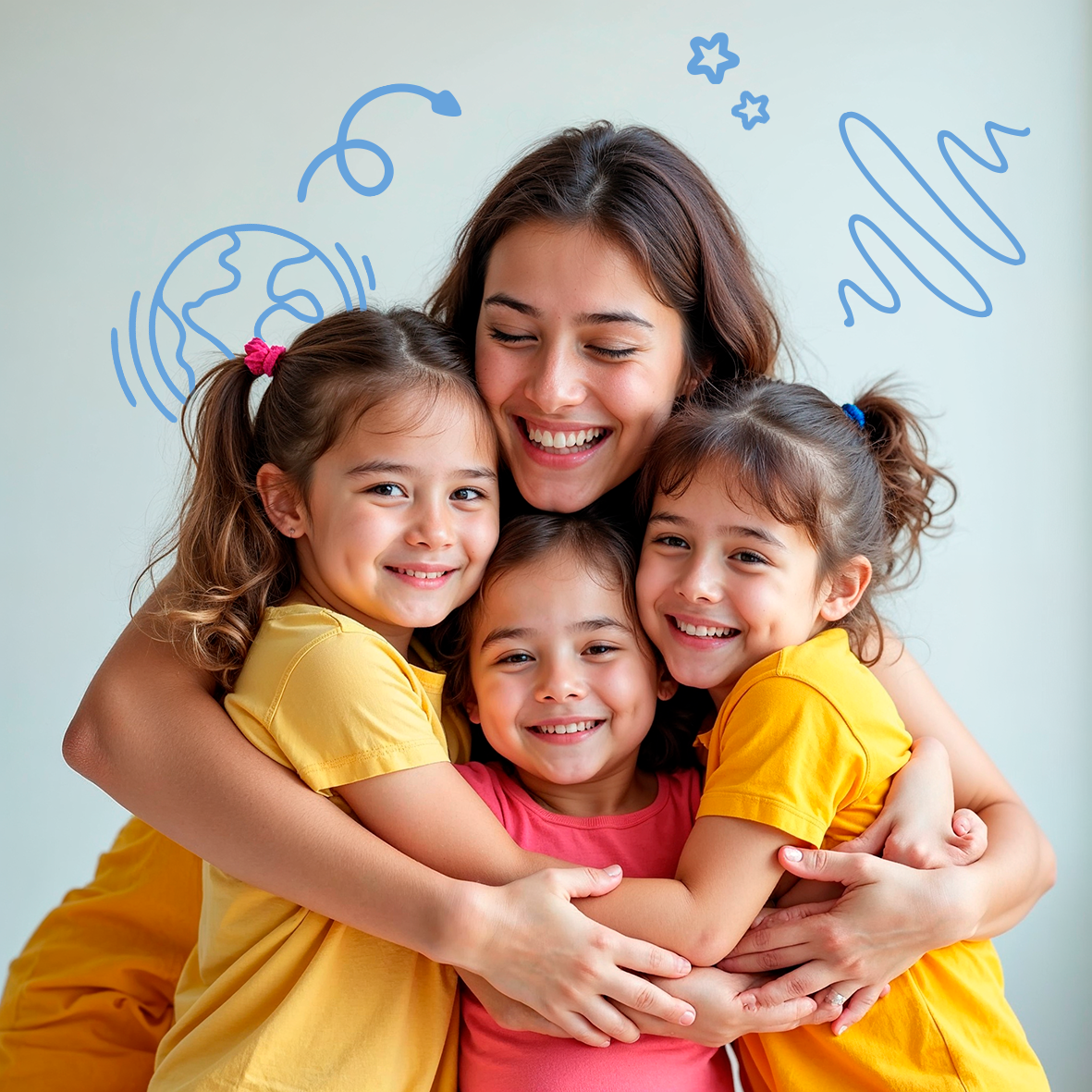 Happy teacher hugging young students during a TicTalk Spanish immersion lesson