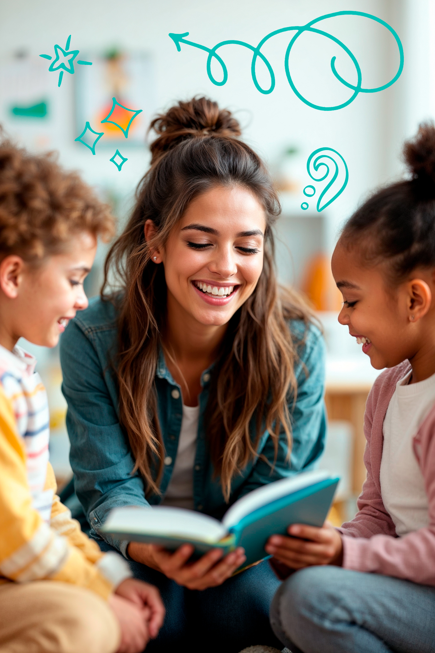 Smiling teacher reading a book with children for the TicTalk Spanish recruitment program
