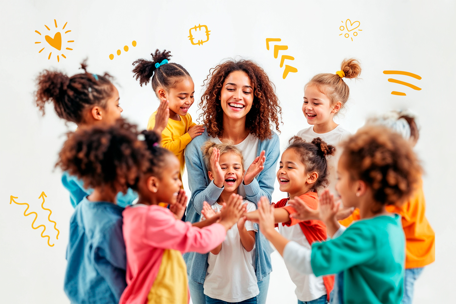 Diverse group of children and teacher clapping and singing in a TicTalk Spanish research-based immersion class.